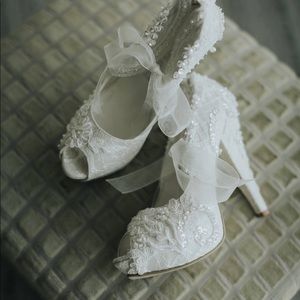 Ivory lace and pearl wedding shoes